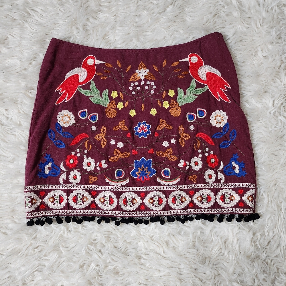 Umgee Boho Embroidered Tassel Skirt Size Large